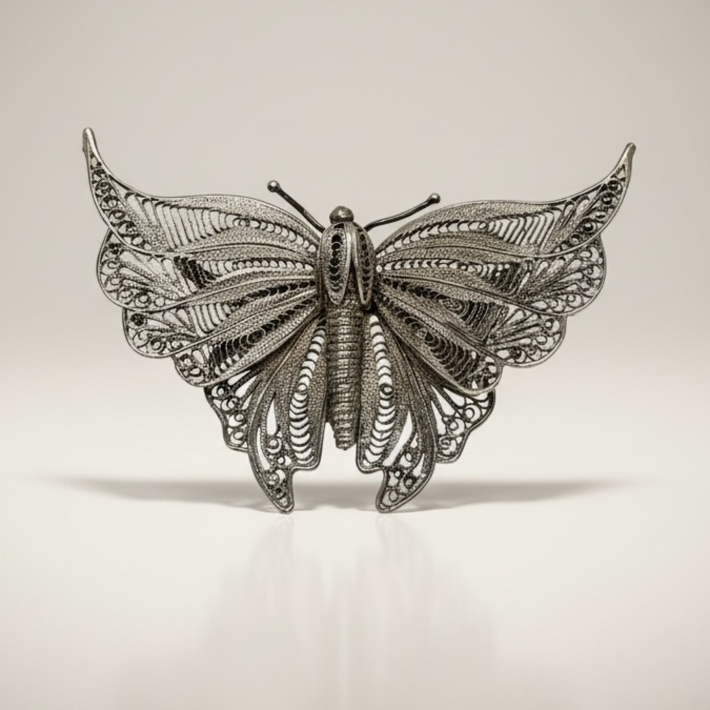 Vintage Large Filigree Butterfly Brooch Silver Tone Openwork Statement Pin